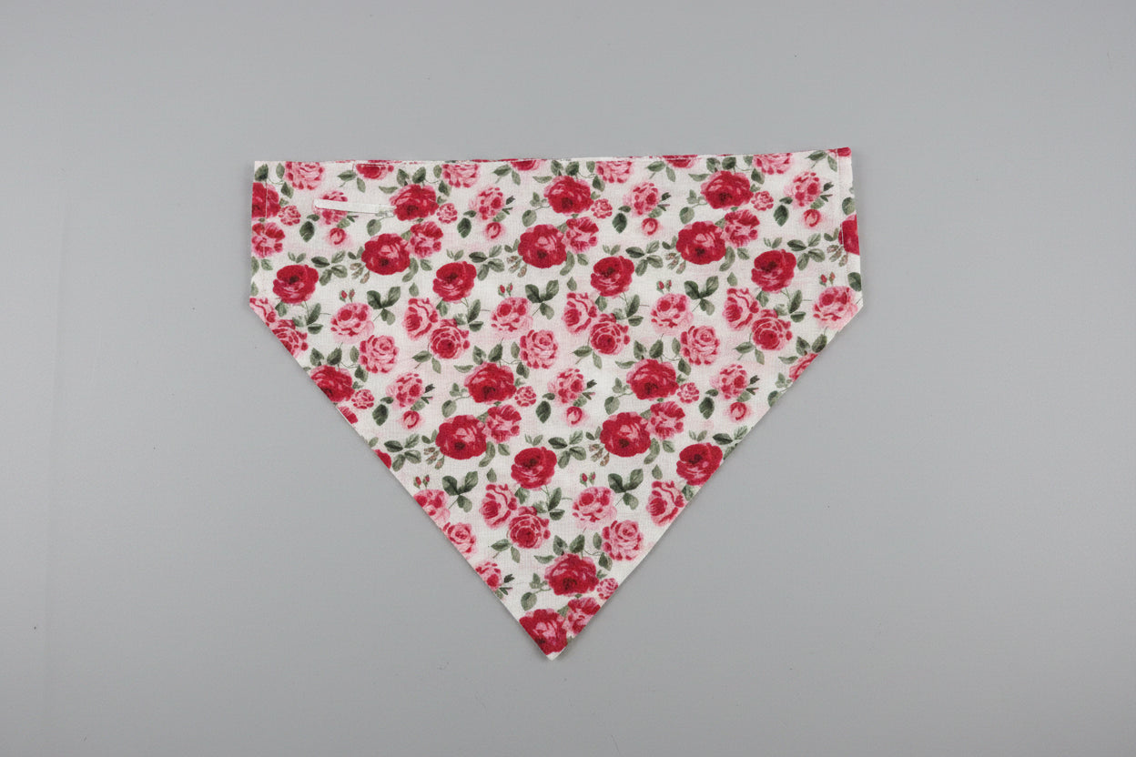 White and Red Rose Print Dog Bandana