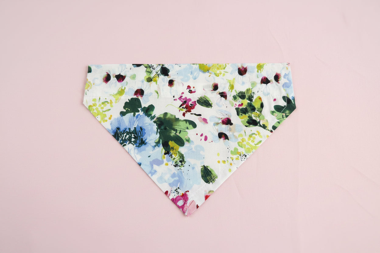 Floral Dog Bandana | White Cotton Dog Bandana | Handmade Collar Slide Dog Scarf | Large Flower Print Dog Accessory | Small & Large Dog Bandana UK
