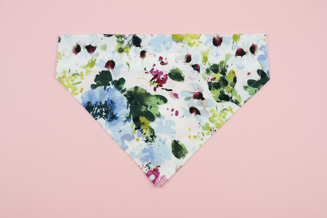 Floral Dog Bandana | White Cotton Dog Bandana | Handmade Collar Slide Dog Scarf | Large Flower Print Dog Accessory | Small & Large Dog Bandana UK