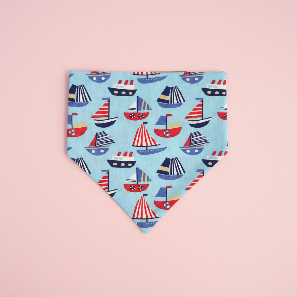 Blue Sailboat Dog Bandana UK | Bright Blue Dog Bandana with Colourful Boats | Slide Through Collar Bandana | Nautical Puppy Scarf | Summer Dog Accessory