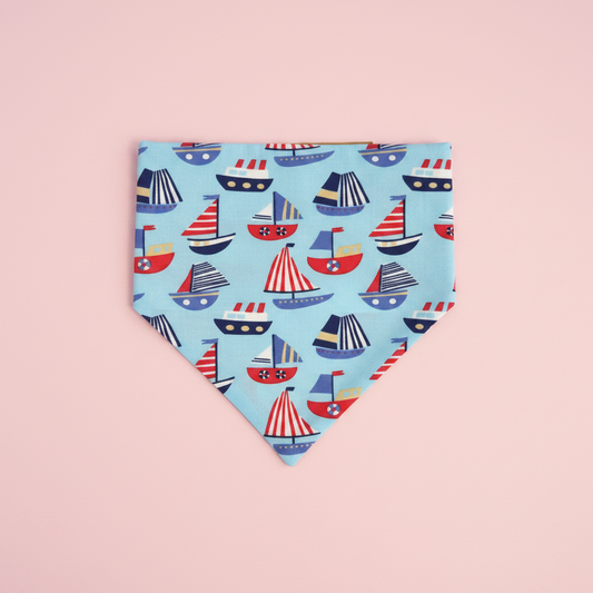 Blue Sailboat Dog Bandana UK | Bright Blue Dog Bandana with Colourful Boats | Slide Through Collar Bandana | Nautical Puppy Scarf | Summer Dog Accessory