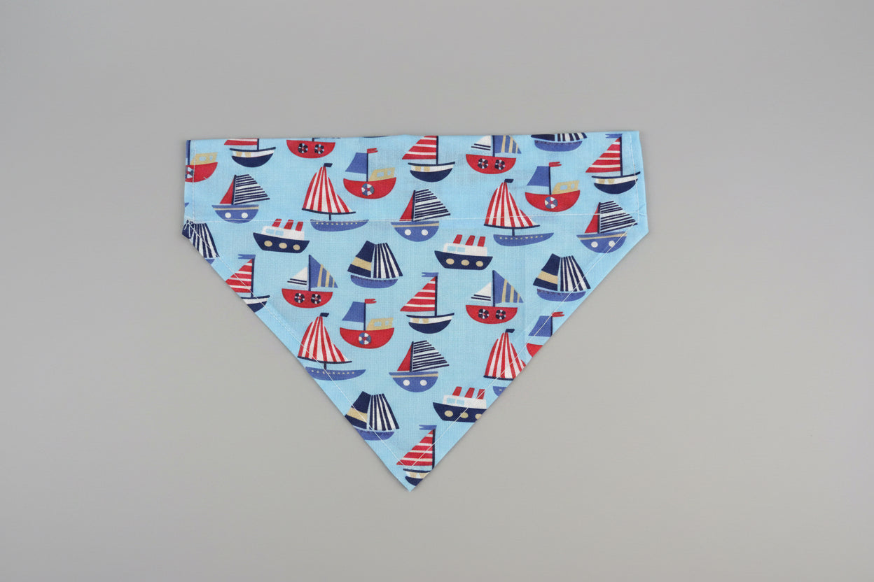 Blue Sailboat Dog Bandana UK | Bright Blue Dog Bandana with Colourful Boats | Slide Through Collar Bandana | Nautical Puppy Scarf | Summer Dog Accessory