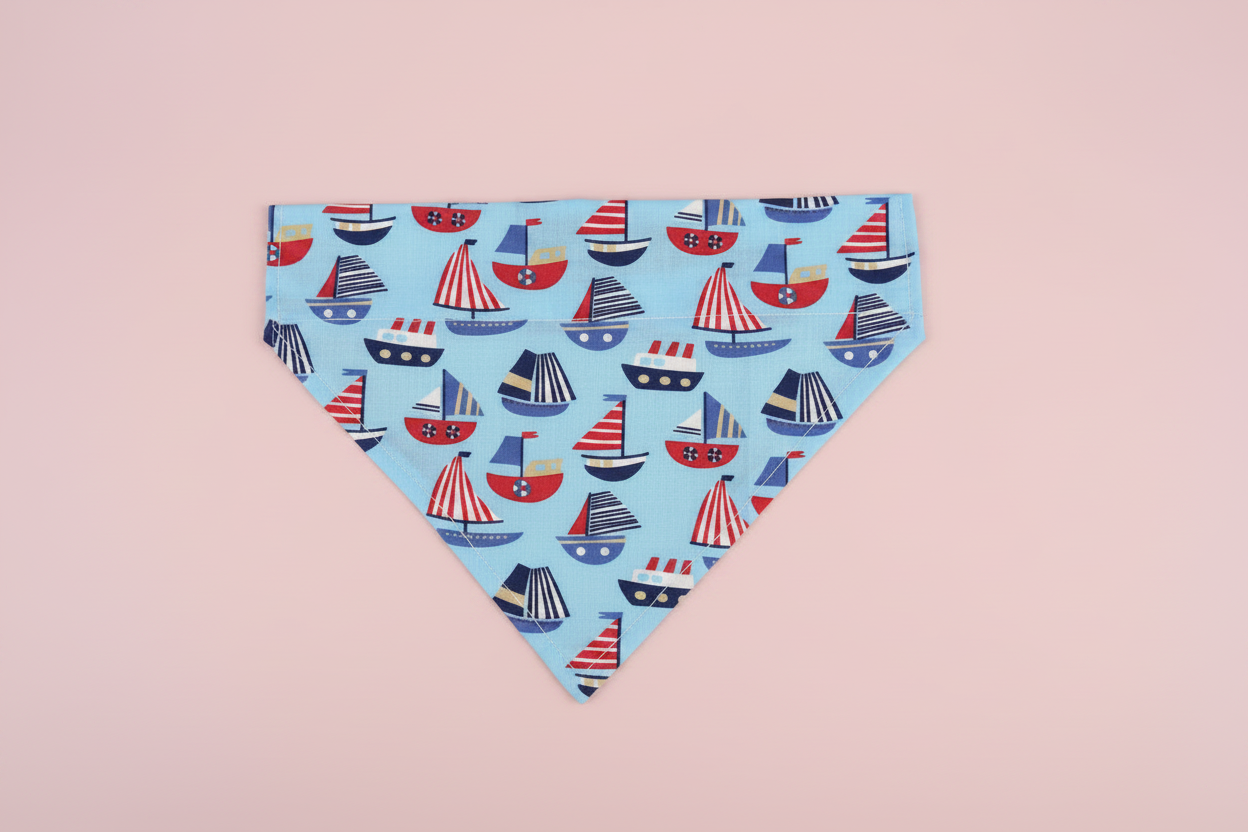Blue Sailboat Dog Bandana UK | Bright Blue Dog Bandana with Colourful Boats | Slide Through Collar Bandana | Nautical Puppy Scarf | Summer Dog Accessory