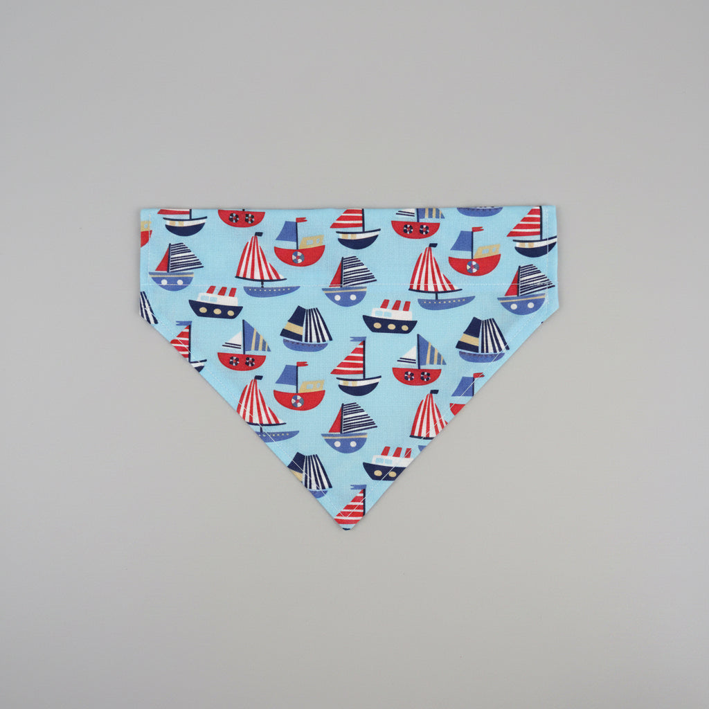 Blue Sailboat Dog Bandana UK | Bright Blue Dog Bandana with Colourful Boats | Slide Through Collar Bandana | Nautical Puppy Scarf | Summer Dog Accessory
