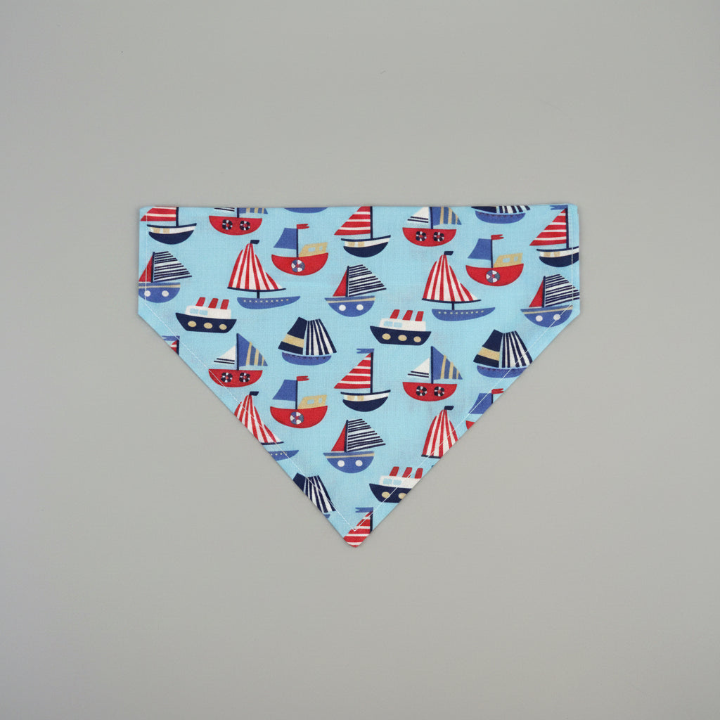 Blue Sailboat Dog Bandana UK | Bright Blue Dog Bandana with Colourful Boats | Slide Through Collar Bandana | Nautical Puppy Scarf | Summer Dog Accessory