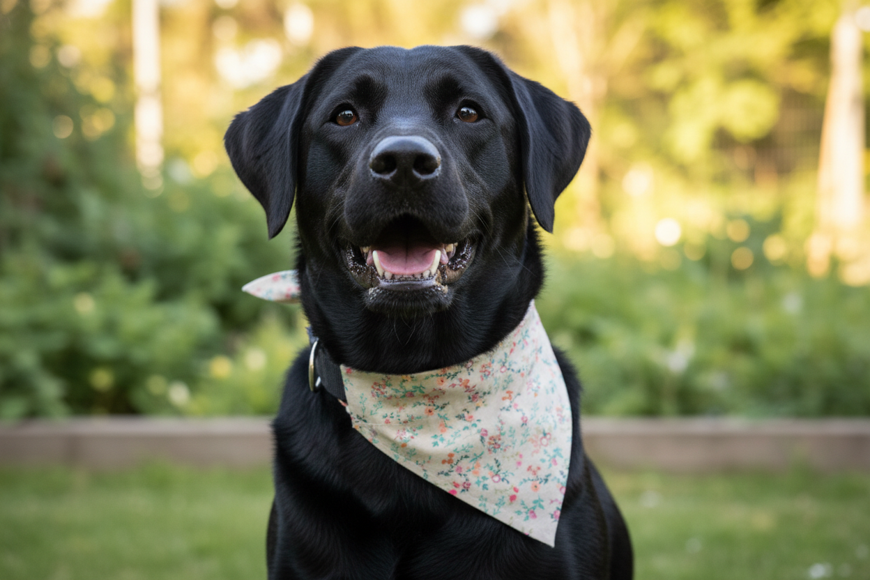 Black dog wearing a floral bandana in a park setting