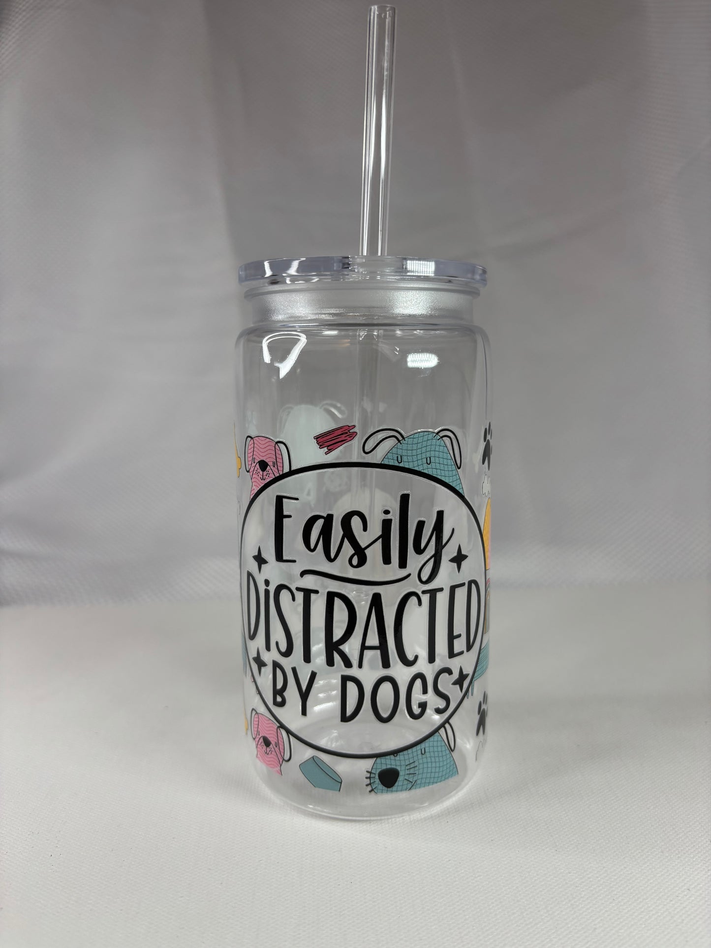 Easily Distracted by Dogs Tumbler – Glass or Plastic Reusable Cup with UV DTF Design