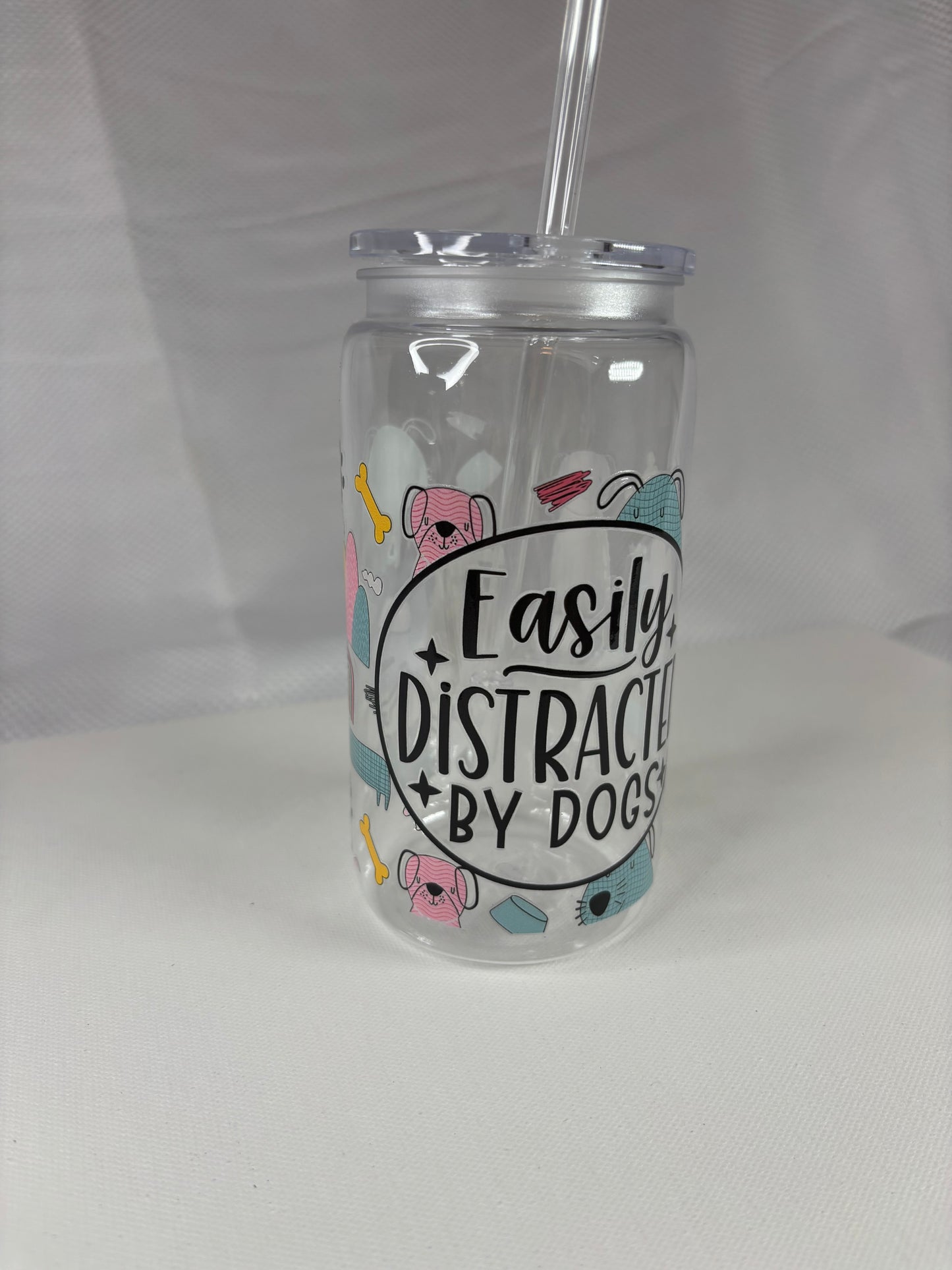 Easily Distracted by Dogs Tumbler – Glass or Plastic Reusable Cup with UV DTF Design