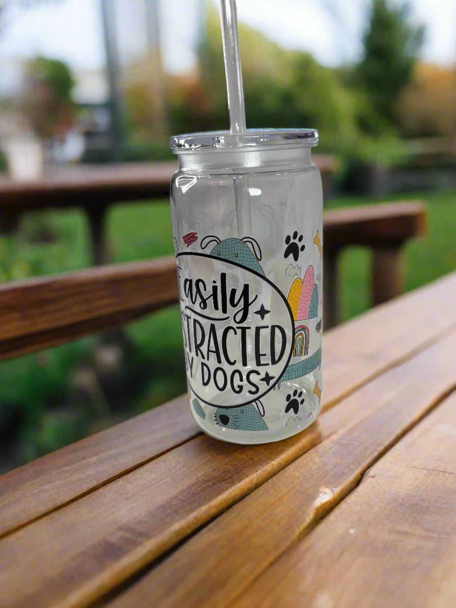 Clear tumbler with a printed design on a white background