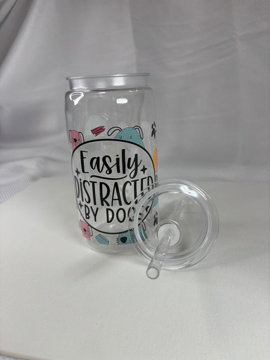 Easily Distracted by Dogs Tumbler – Glass or Plastic Reusable Cup with UV DTF Design