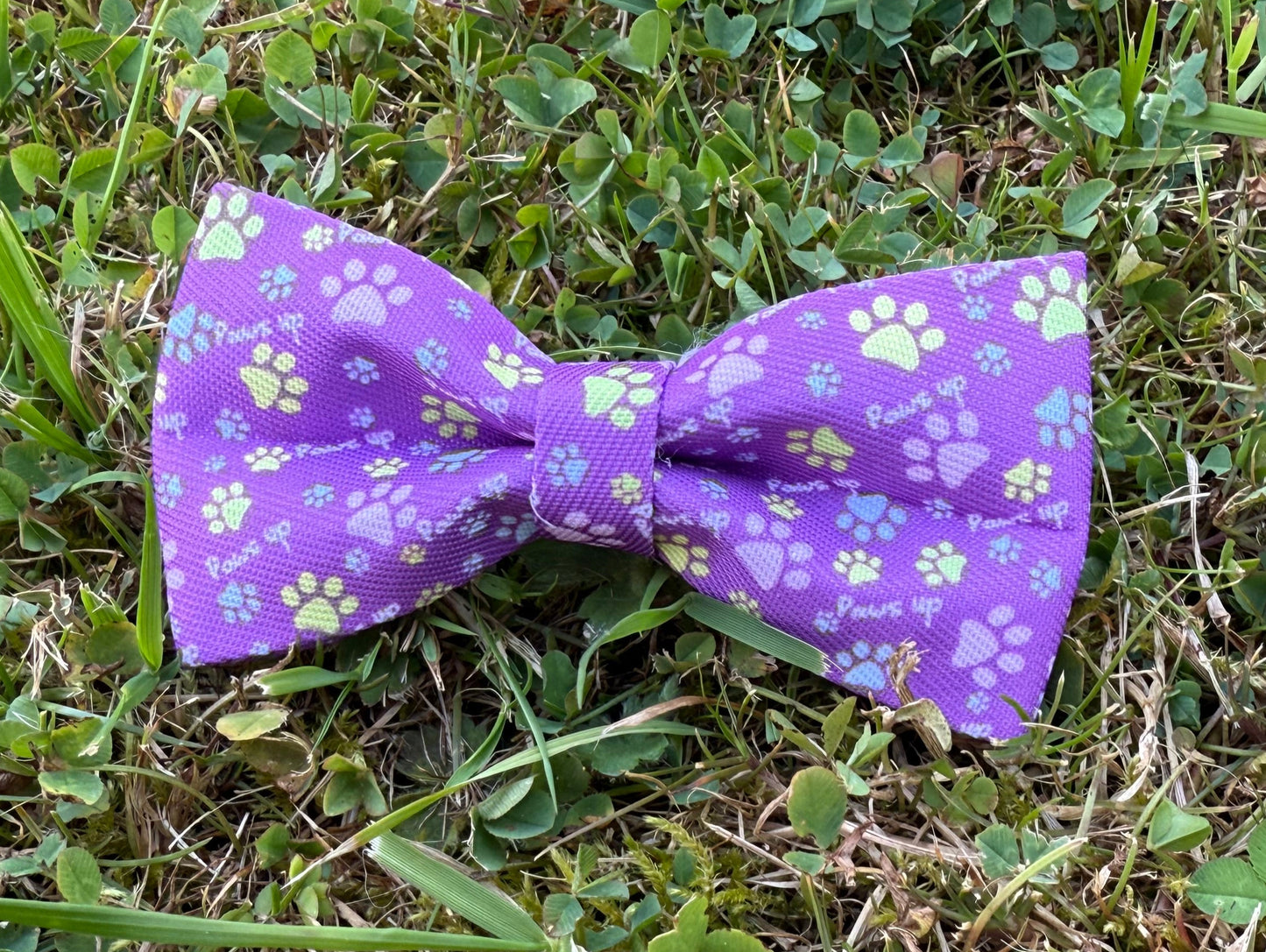 Purple bow tie with floral pattern on grass