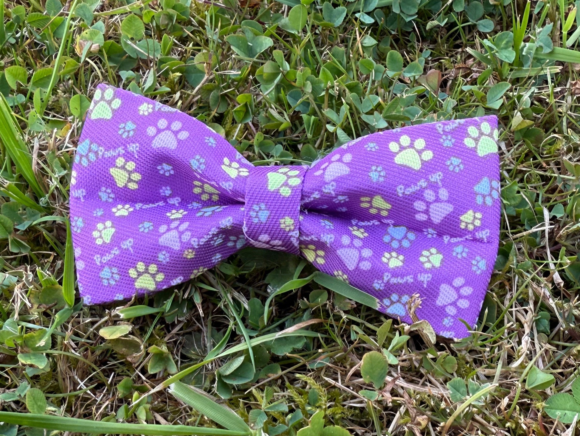 Purple bow tie with floral pattern on grass