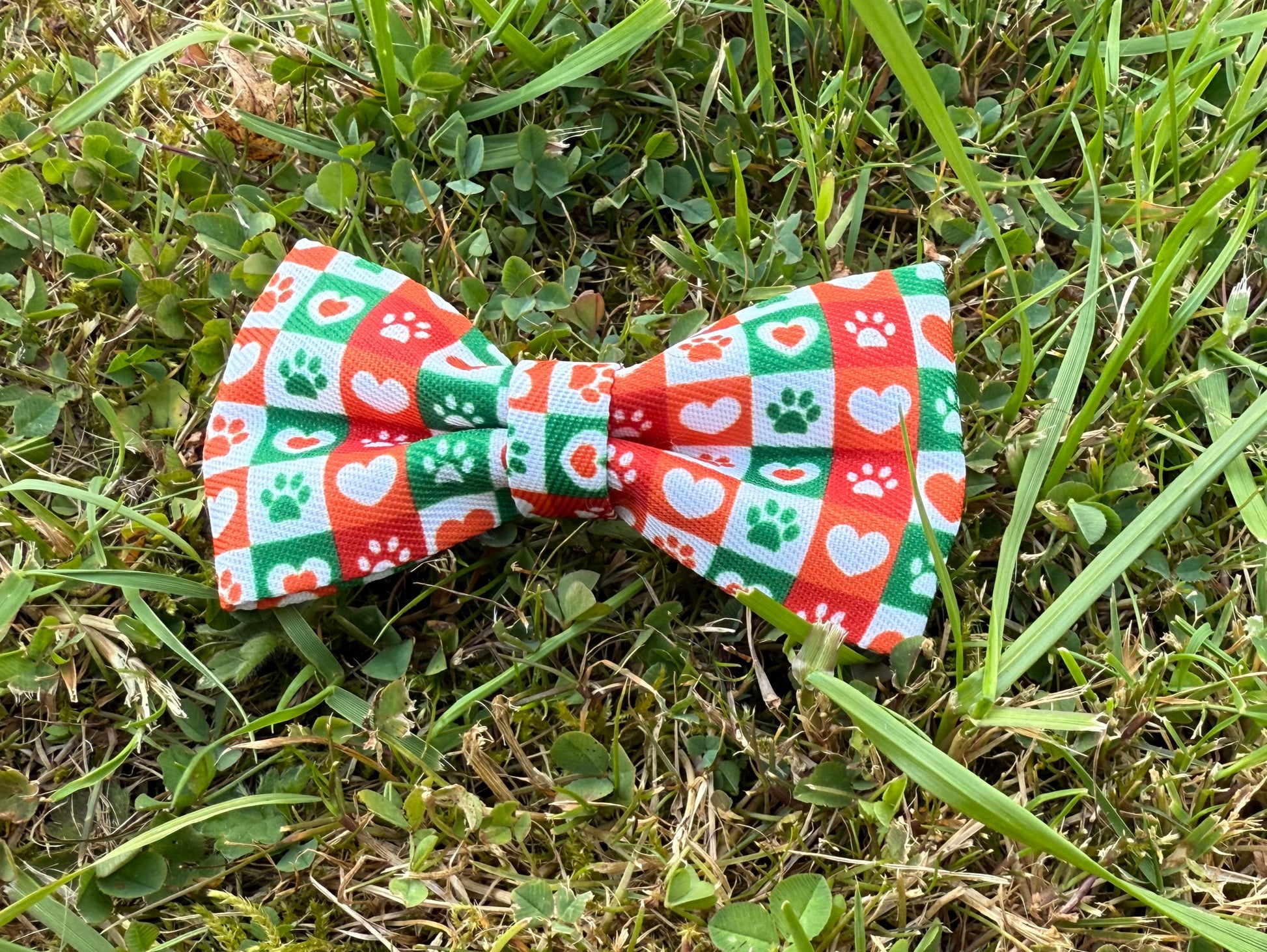 Red and green checkered bow tie on grass