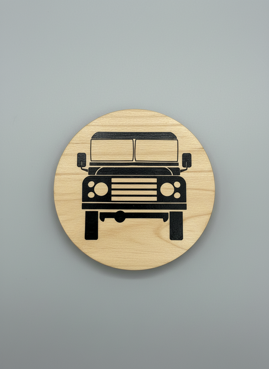 Wooden coaster with a laser-cut Land Rover design on a gray background