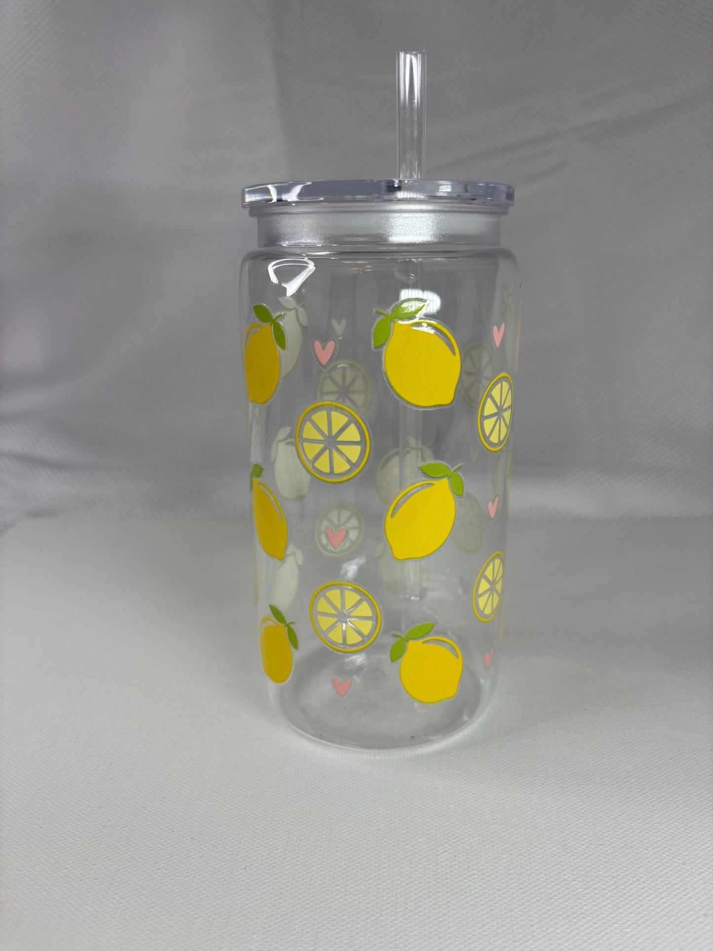 Lemon Glass Tumbler with Straw – Iced Coffee Cup | 16oz Reusable Glass Can with Bamboo Lid | Summer Aesthetic Cup | Lemon Gift Idea