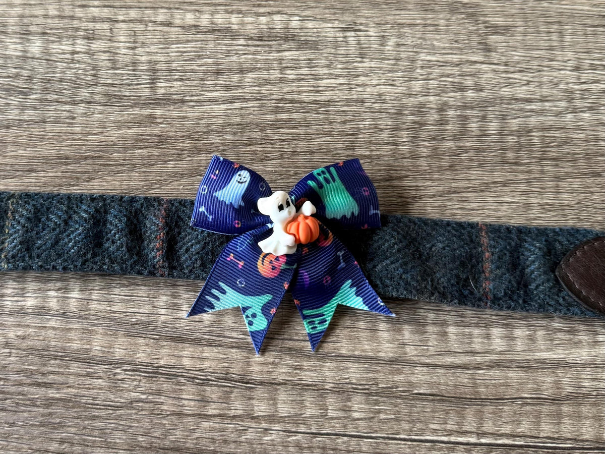 Halloween Dog Collar Bow | Limited Edition Pet Accessory | Ribbon Bow with Spooky Centerpiece | Festive Dog Collar Add-On |  Pet Costume