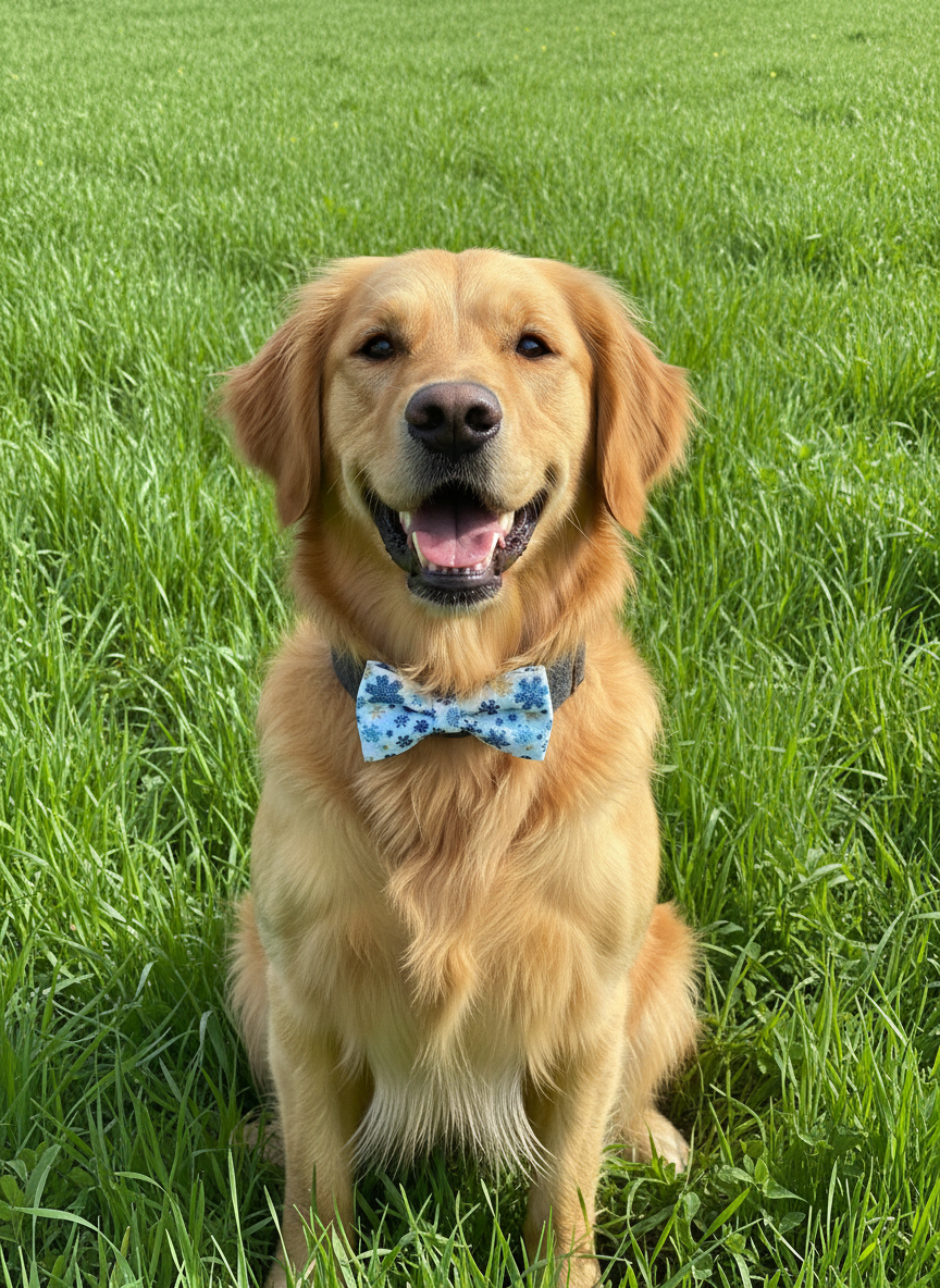 Bow tie with snowflake pattern on a wooden surface in front of a fireplace.