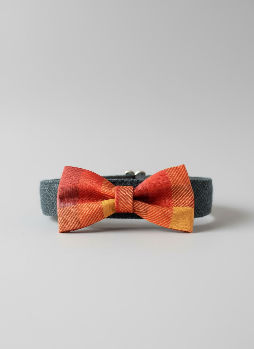 Red and orange checkered bow tie on a wooden surface with a fireplace in the background