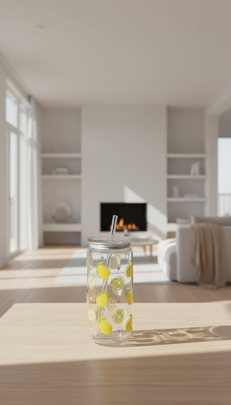 Clear tumbler with lemon pattern on a white background