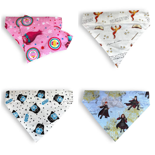 Cute and Stylish Dog Bandana ‘The character' for Puppies, Small & Medium Dogs – Soft Cotton Fabric – Multiple Patterns and personalisation
