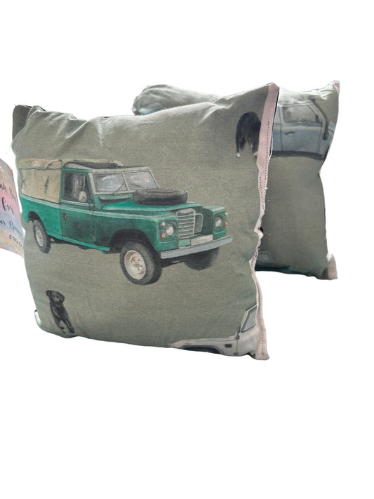 Handmade Land Rover Defender Mini Cushion – Khaki Background (Eco-Friendly)