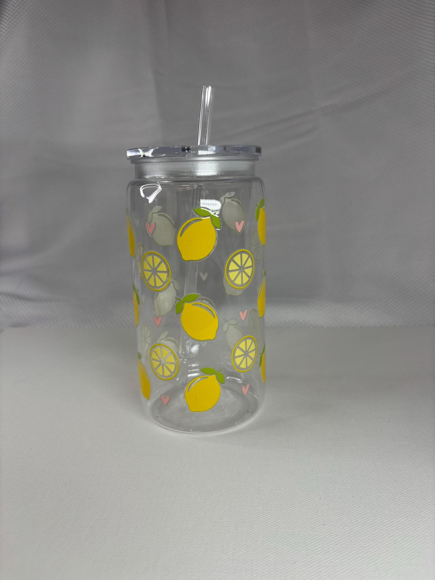 Lemon Glass Tumbler with Straw – Iced Coffee Cup | 16oz Reusable Glass Can with Bamboo Lid | Summer Aesthetic Cup | Lemon Gift Idea