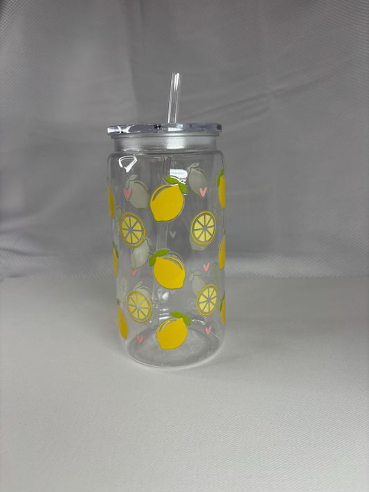 Lemon Glass Tumbler with Straw – Iced Coffee Cup | 16oz Reusable Glass Can with Bamboo Lid | Summer Aesthetic Cup | Lemon Gift Idea