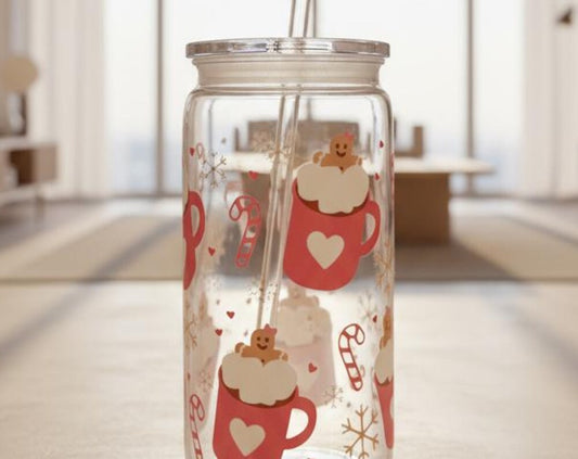 Gingerbread Men 16oz Glass Libby Can Cup With Bamboo Lid Iced Coffee Drinks Mug